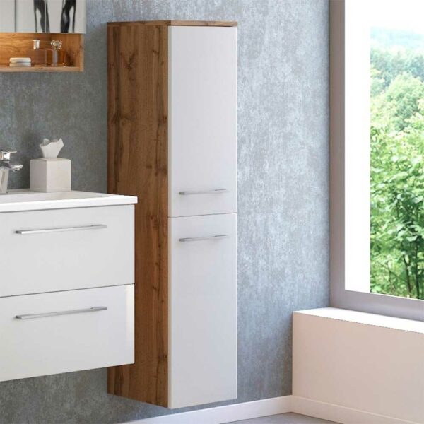 Hochschrank für Badezimmer Weiß und Wildeiche Optik