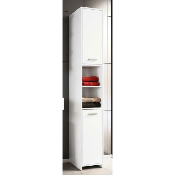 Badezimmerhochschrank in Weiß zwei Drehtüren und offenen Fächern