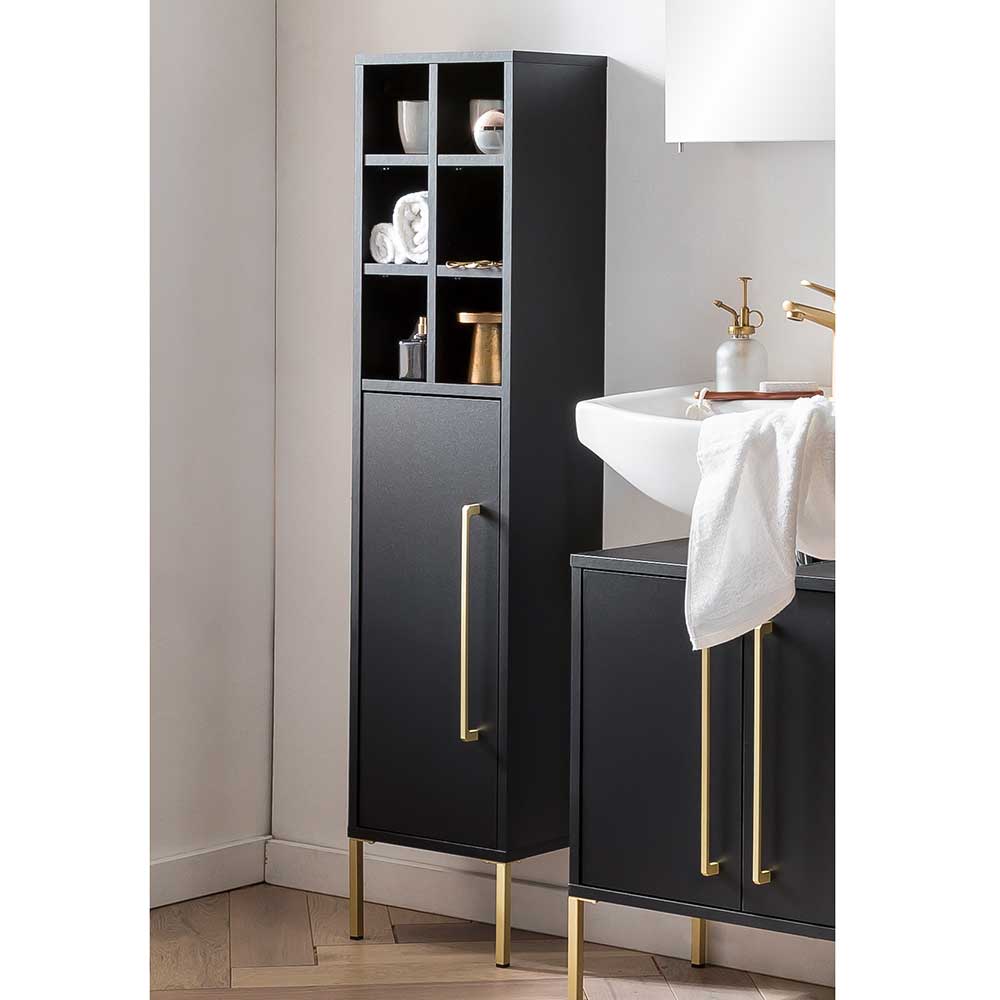 Badezimmerhochschrank in Schwarz und Goldfarben 22 cm tief