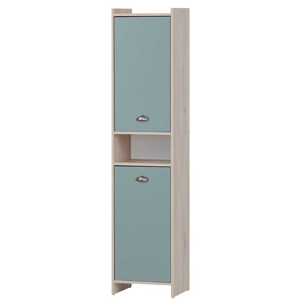 Badseitenschrank modern in Hellblau und Eiche hell 177 cm hoch