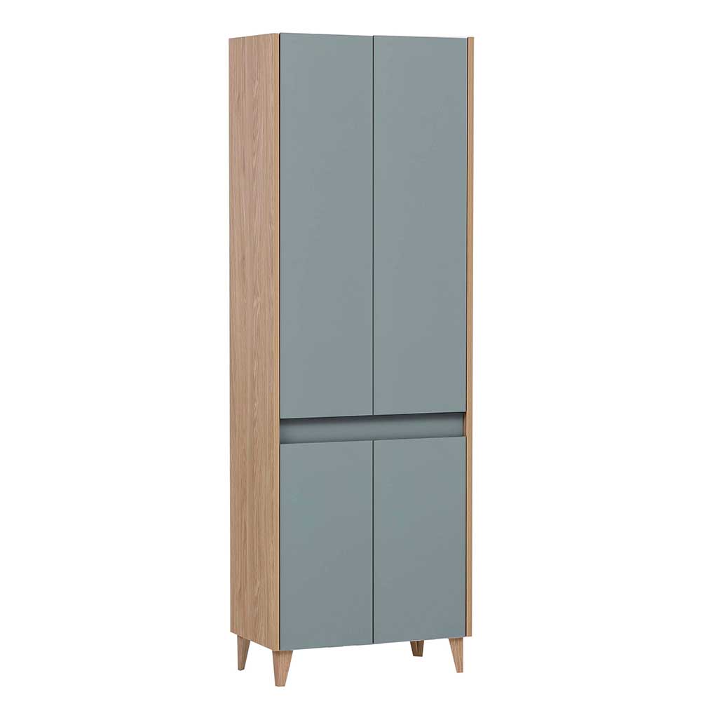 Badschrank in Hellblau und Eiche hell 170 cm hoch 4 türig