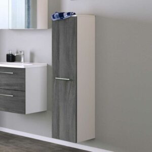 Badezimmerhochschrank in Eiche Grau Optik und Weiß Made in Germany