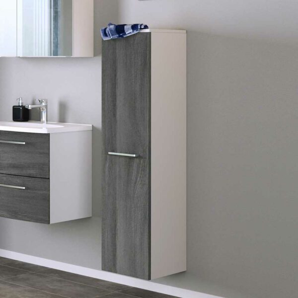 Badezimmerhochschrank in Eiche Grau Optik und Weiß Made in Germany